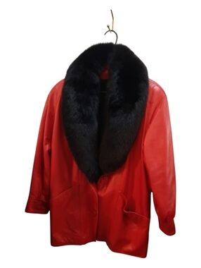 Red Leather Jacket with Black Fur Collar Med